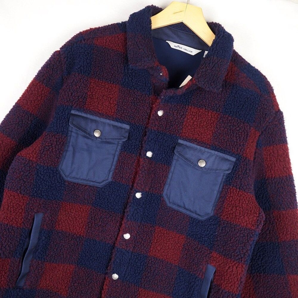NEW Peter Millar High Pile Fleece Shirt Jacket Mens M Red Navy Plaid Sherpa